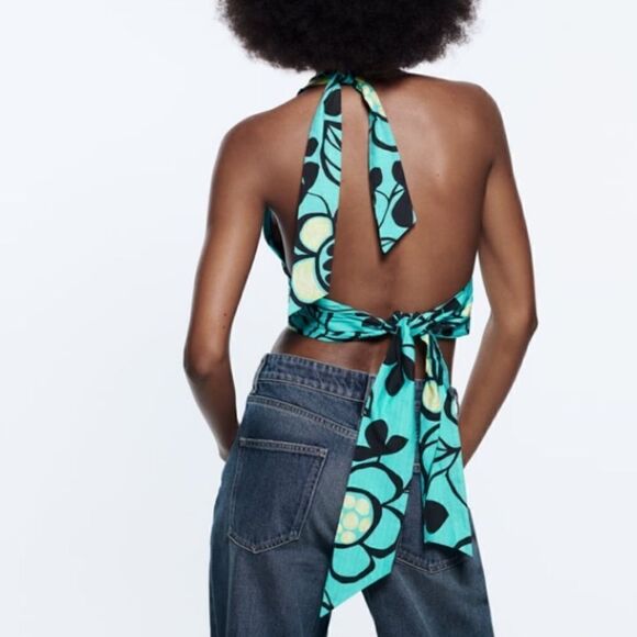 Zara Aqua and Black Crop Top Size M - Picture 5 of 12